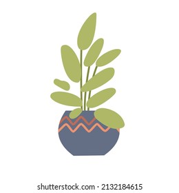 Hogar Ficus en una olla gris con un patrón de decoración en casa. Chalets verdes y deciduos para la decoración de habitaciones y oficinas. Un elemento de decoración casera. Ilustración vectorial plana aislada en fondo blanco.