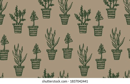 Hogar en la maceta de flores. Ilustración dibujada a mano por vectores. Decoración casera. Dibujo de doodle de contorno