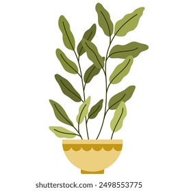 Houseplant growing in pot. Green leaf house plant in floor planter. Indoor foliage decor in flowerpot. Modern abstract ficus with leaves. Flat vector illustration isolated on white background