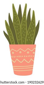 Houseplant growing in pot, isolated icon of decorative floristic composition. Potted plant with ornaments on container. Home or office design. Flora and botanical biodiversity, vector in flat style