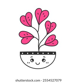 Houseplant with heart shaped leaves doodle. Valentines day plant. Home potted flower with cute smiling face. Outline vector illustration