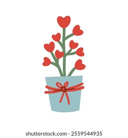 Houseplant with heart shaped leaves doodle. Valentines day plant. Home potted flower . Flat vector illustration isolate on white .