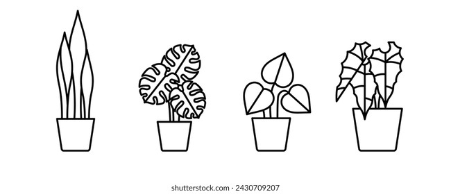 Houseplant icon set - snake plant, monstera, philodendron, alocasia. Diversity of  potted indoor plants. Collection of decorative houseplants pictogram. Linear illustration, minimalist style, editable