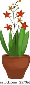 Houseplant lily flower in pot. Hand-drawn for decoration of flower shop, office, home, store. Decorative indoor house plant isolated on transparent background. Editable vector illustration