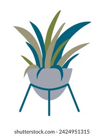 Houseplant with long leaves in floor pot in cool green and blue colors. Modern trendy retro concept for living room design or poster. 