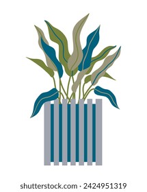 Houseplant with long leaves in floor pot in cool green and blue colors. Modern trendy retro concept for living room design or poster. Indoor plant concept of domestic greenery. Icon for home interior