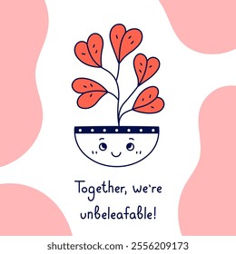 Houseplant Love Card with Quote. Hand drawn quirky Valentines day square poster banner in doodle flat style with handwritten phrase. Vector illustration