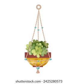 Houseplant and macrame plant growing in pots. Beautiful handmade home decorations macrame plants isolated on white background. Cartoon flat illustration