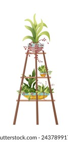 Houseplant and macrame plant growing in pots. Set plants and flower rack isolated on white background. Cartoon flat illustration