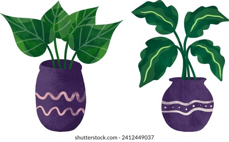 Houseplant on pot watercolor illustration