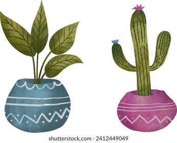 Houseplant on pot watercolor illustration