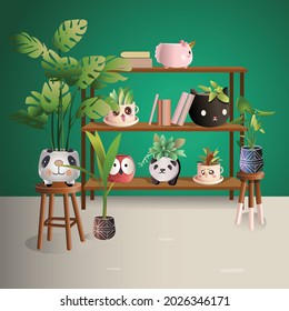 Houseplant on shelves illustration, cute animals flowerpot, urban jungle decore, panda, cow, cat, unicorn, owl, mandala pot. wood stand.