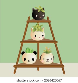 
Houseplant on shelves illustration, cute animals flowerpot, cute cat, dog, panda pot, urban jungle decor