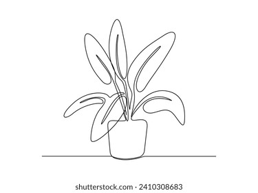 Houseplant in one continuous line drawing. Single line art. Vector illustration. Premium vector.
