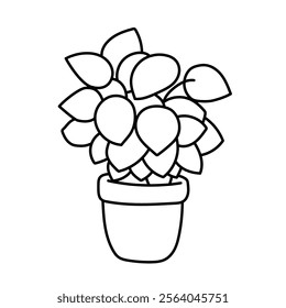 Houseplant in a pot. Black and white illustration, hand drawn coloring.