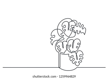 Housepflanze in Topf kontinuierliche eine Linie Vektorgrafik. Monstera, gespaltene Blattlphilodendron handgezeichnet blumensilhouette. Tropische Pflanze, exotisches Blattwerk. Botanische minimalistische Konturgrafik