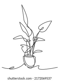 Houseplant in pot continuous one line vector drawing. Floor Plant decor, Patio Plants hand drawn floral silhouette. Apartment Indoor Gardening, office interior. Botanical contour illustration