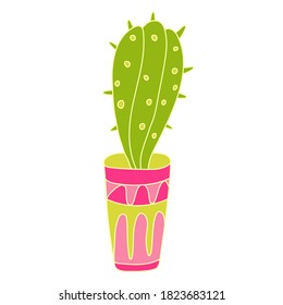 Houseplant in a pot decorated with pattern. Cactus in flat style with outline. Hand drawn vector  illustration of succulent isolated on white background. Pink, green colors.