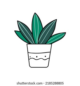 Houseplant in pot. Decorative green plant for home and office isolated on white background. Colored flat vector illustration. 