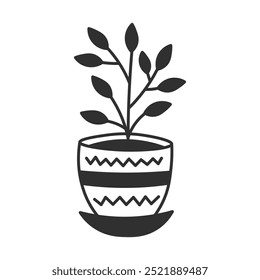 Houseplant in Pot Doodle Icon. Hand drawn plant with leaves. Modern home interior design element. Outline vector illustration
