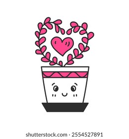 Houseplant in Pot with face and heart shape. Valentines day pink home potted plant with cute face. Hand drawn vector illustration