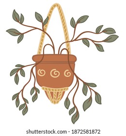 Hogar en una olla colgando del hilo, ícono aislado de planta con hojas pequeñas. Foliage de la flora botánica, diseño del hogar y decoración para el interior. Suculento en la canasta. Vector de estilo plano