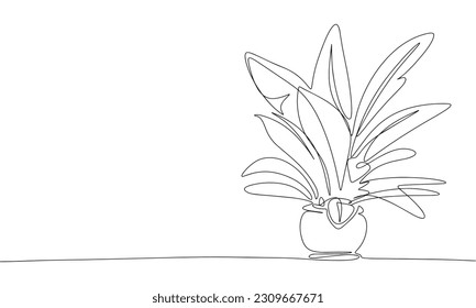 Houseplant in pot isolated on white background. Line art home plant. One line continuous vector illustration. 