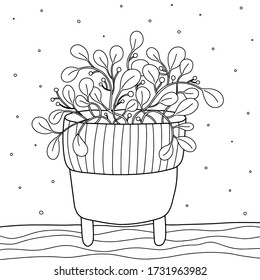 Houseplant in a pot on legs. Coloring book page for adults and child. Design for relax and meditation, vector illustration isolated on white background.