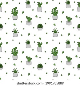 Houseplant in pot seamless pattern. Vector endless background with cute plant and cactus in flowerpot. Hand drawn flower in pot backdrop.