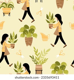 Hogar en la olla sin soldadura. Vector interminable fondo con una planta linda y florista hembra. Ilustración moderna a mano. 