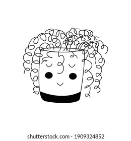 Houseplant in a pot in the shape of a cute face. Curly Potted plant. Black and white vector illustration isolated in doodle style