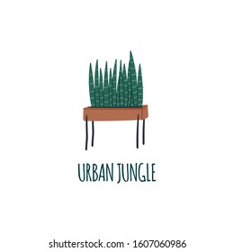 Houseplant pot stand for urban jungle modern loft interior design. Hand drawn cartoon flat vector illustration for t-shirt print, logo, banner, flyer etc.