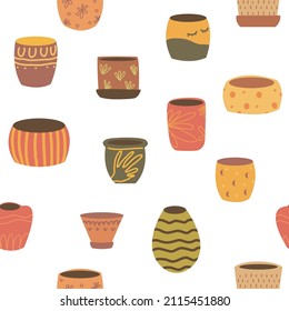 Houseplant pots seamless pattern with different shaped empty vases, jurs, pottery. Endless texture with cute home decor. Flat vector illustration for fabric, textile, wrapping paper