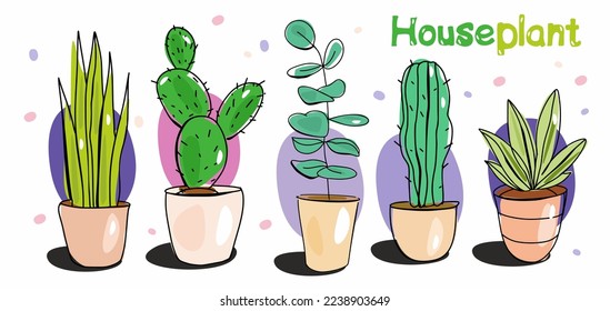 
Houseplant, potted plant, indoor plant, ornamental plant that is grown indoors. Hand drawn vector illustration