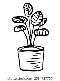 Houseplant in potted vector whimsical illustration on isolated background. Line art palm plant naive drawing for logotype or contemporary design. Monochrome contour drawing ficus, monstera.