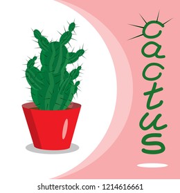Houseplant. Prickly green cacti. Planted in vase. Cactus with flowers. Pot plant. Cute vector cactus. Hand-drawn cactus