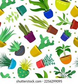 Houseplant Seamless Pattern Design with Plants Growing in Ceramic Pots Vector Template