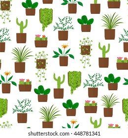 Houseplant seamless pattern. Flat style. Design flower Wallpaper. Blooming cactus. Green palm tree. Vector illustration.