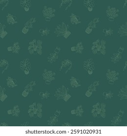 Houseplant seamless pattern. Outline doodle seamless pattern with hand drawn potted plants on a green background. Vector floral line sketch for wrapping paper, fabric, wallpaper, and product design.