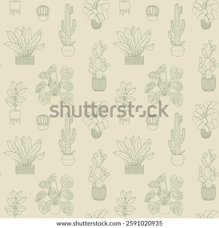 Houseplant seamless pattern. Outline doodle seamless pattern with hand drawn potted plants, cacti, monstera, and ficus on a light background. Vector line sketch for wrapping paper, fabric, wallpaper.