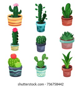 Houseplant set, various plants and flowers in pots vector illustrations