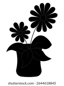 Houseplant. Silhouette. Flower in a pot with inflorescences and large leaves. Vector illustration. Isolated white background. Cartoon style. Idea for web design.