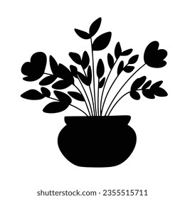 Houseplant silhouette. Hand draw silhouette houseplant in pot isolated on white background. Vector illustration. 