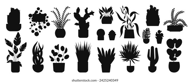 Siluetas de plantas domésticas. Iconos de jardín de macetas, plantas de interior que crecen en macetas, decoraciones botánicas de hojas para la decoración de la oficina. Conjunto de vectores. Follaje botánico exótico, flores en macetas para el hogar