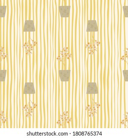 Siluetas de plantas domésticas sin costuras estilizadas. Fondo amarillo despojado con macetas grises y plantas beige. Diseñado para papel pintado, textil, papel envolvente, impresión de tela. Ilustración vectorial.