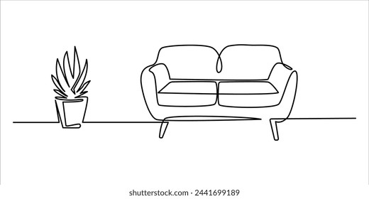 Houseplant and sofa abstract outline vector on white background