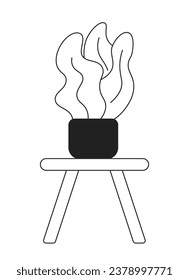 Houseplant standing on coffee table black and white 2D cartoon object. Potted plant on wooden stool chair isolated vector outline item. Home interior flowerpot monochromatic flat spot illustration