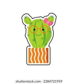 Houseplant sticker. Cartoon succulent, cactus .  Flowerin pot. House plant, potted plant. Ceramic pot. Vector illustration on isolated background.