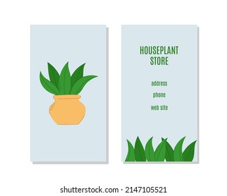 Houseplant store bisiness card, flyer. Hand drawn plant in flowerpot. Florarium, home garden, greenhouse, gardening and potted plant concept.