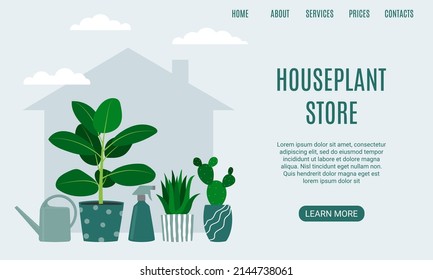 Houseplant store landing page.  Cactus, rubber plant, aloe and watering can. Florarium, home garden, greenhouse, gardening, potted plant concept